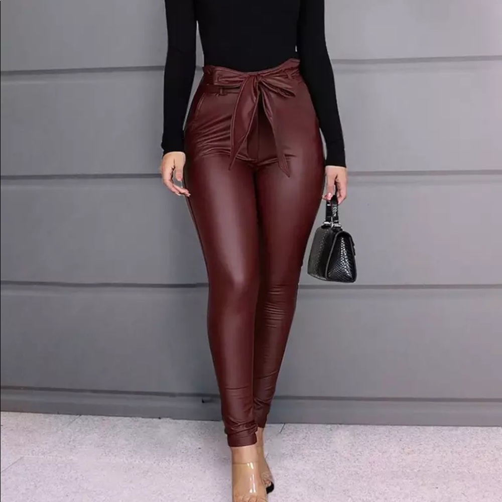 Belt High Waist Pencil Faux Leather PU Trousers